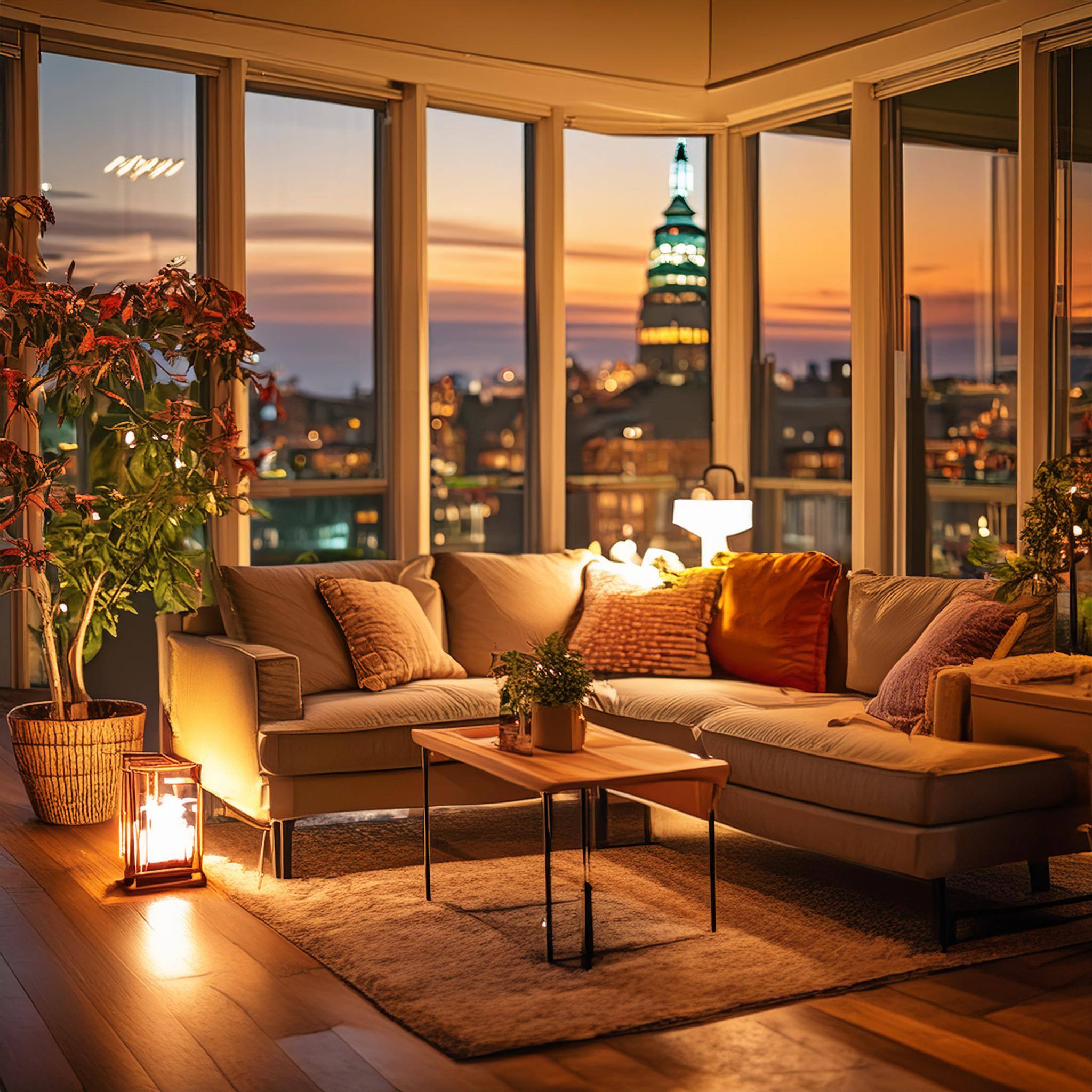 A medium shot of an indoor living space in Capitol Hill showcasing mood lighting for an even