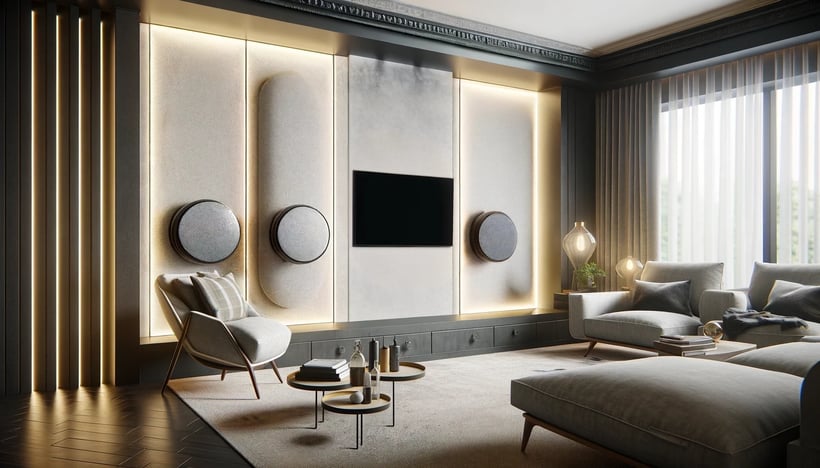 A refined and clean living room with seamlessly integrated innovative speakers and a modern TV, now featuring a more classic style ceiling.