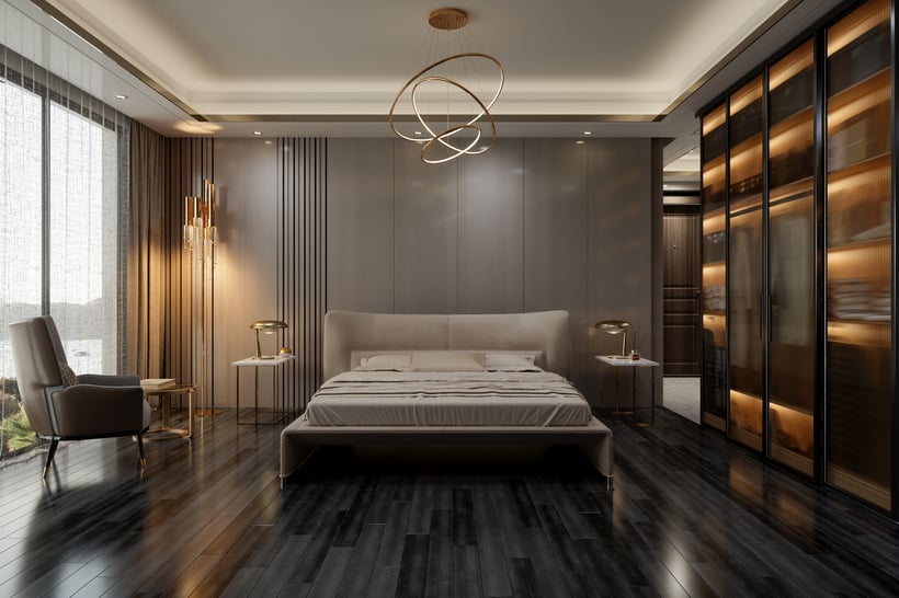 Elegant Bedroom Interior With Double Bed, Night Tables, Armchair And Seaview Through Window