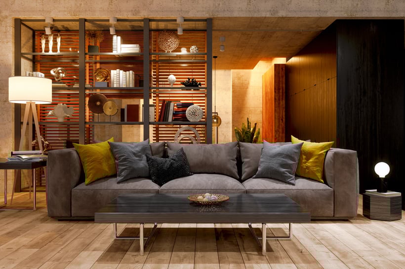 Luxury Living Room At Night With Sofa, Floor Lamp And Parquet Floor